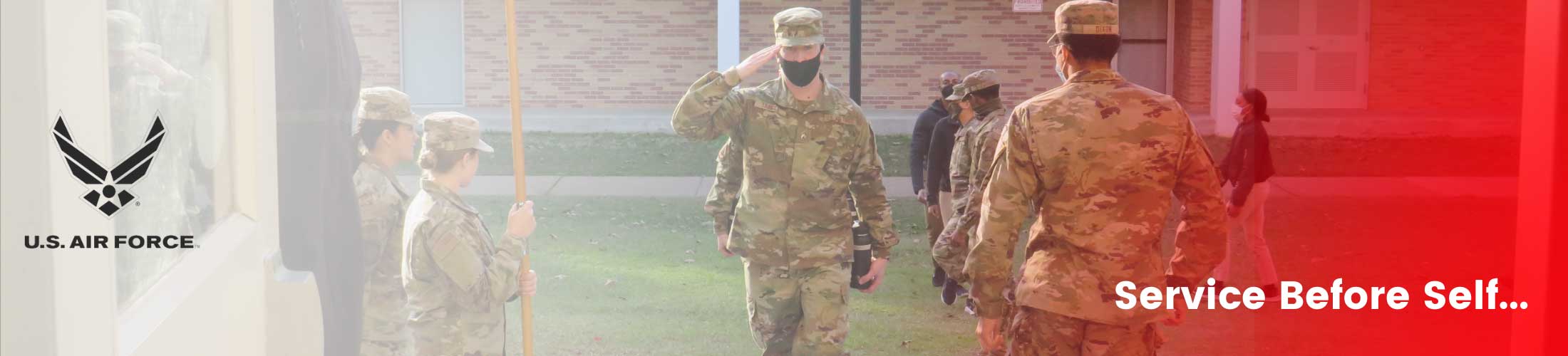 Service before self text overlaying image of Air Force cadets marching.