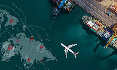 Image of caro ship, airplan, and map over water.