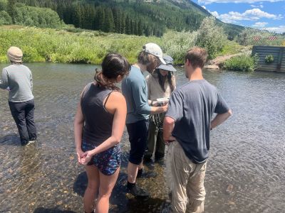 two graduate students and two undergraduate students documenting flow and temperature data in a stream