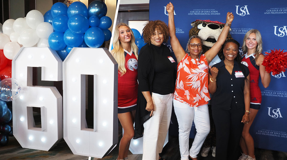 Alumni with cheerleaders at 60th anniversary,