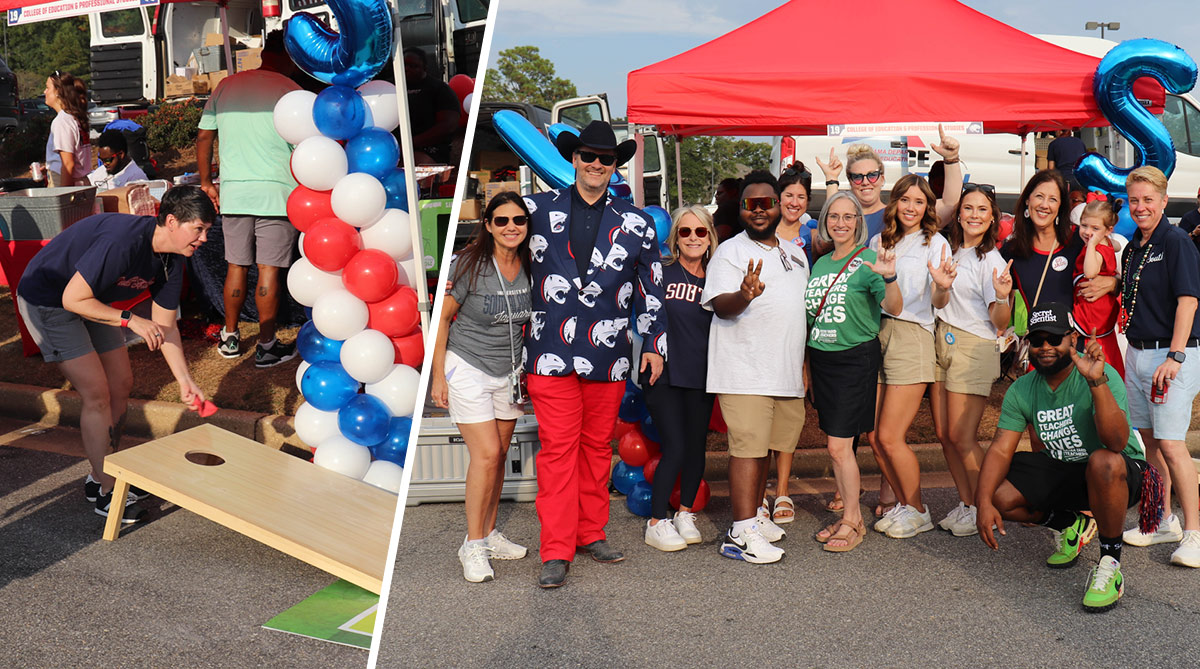 Alumni at tailgate playing cornhole and standing in front of tailgate tent.