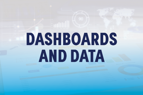 Screens with maps and graphs with the text Dashboards Local and National Data.