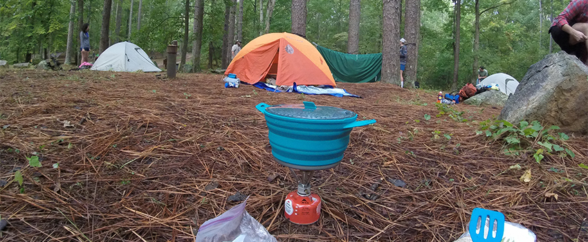 Tents and supplies in the forest