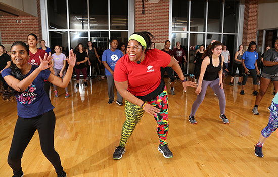 Instructor Crystal teaching a zumba class