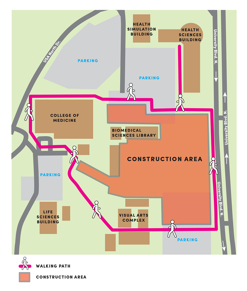 Graphic map presentation of the the new Frederick P. Whiddon College of Medicine construction area located between the following locations: Current College of Medicine, Life Sciences Building, Visual Arts Complex, University Blvd., Health Sciences Building  and Health Simulation Building.