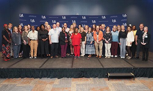 Employees on stage for milestone celebration.