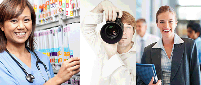 A nurse, photographer, and woman holding a file folder.