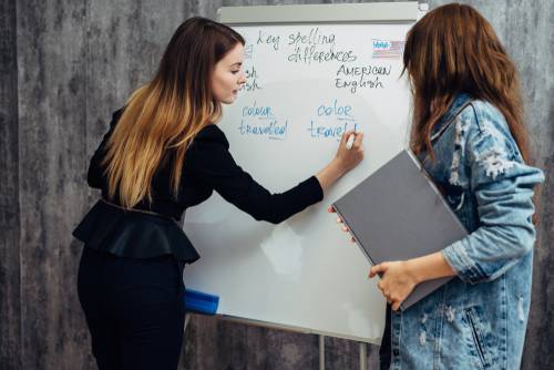 Woman teaching student at board