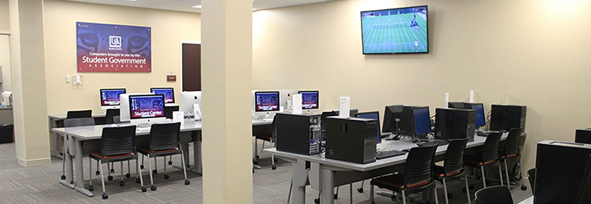 student center computer lab with computer workstations and projection tv