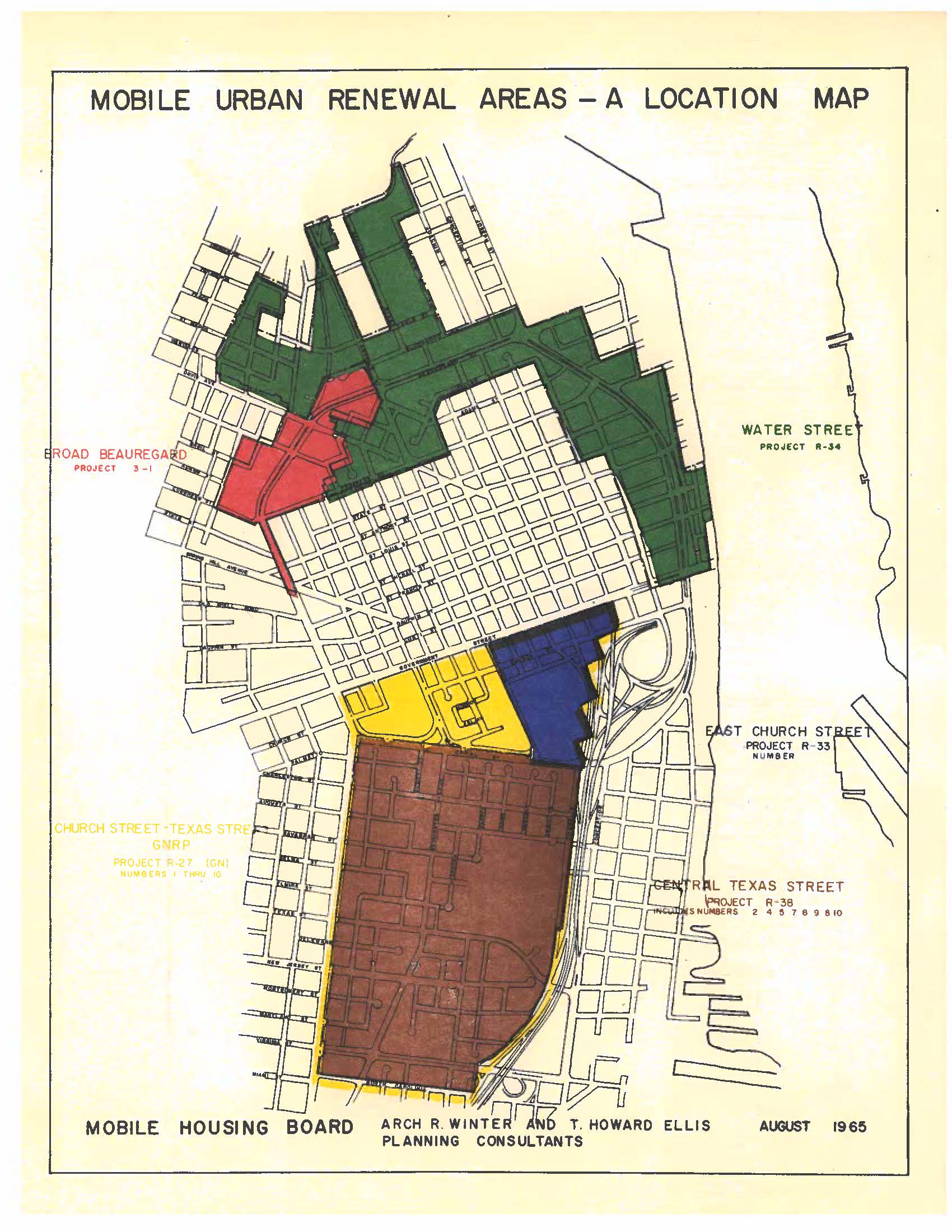 Map of Mobile with neighborhoods marked in red, yellow, green, blue, and brown